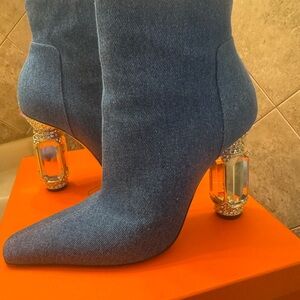 Elegant Blue Denim Ankle Boots with Crystal Heel